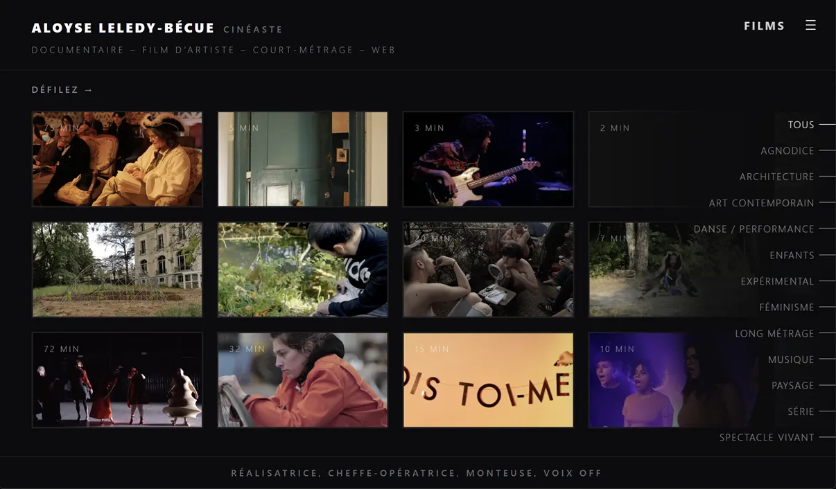 Portfolio de la cinéaste Aloyse Leledy-Bécue, page Films